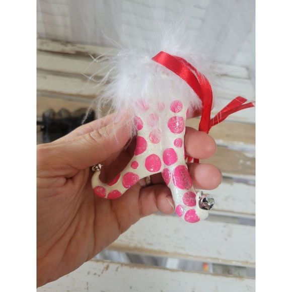 Dept 56 polka dots socks boots shoes ornament Xmas glitter tree feather - Picture 4 of 5